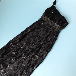 Alyce Designs Black Beaded One Shoulder Lace Skirt Formal Dress Size 8 Vintage